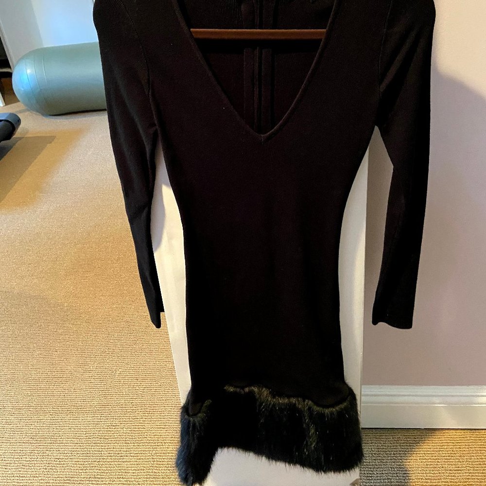 Black fur trimmed designer HERA black knit dress